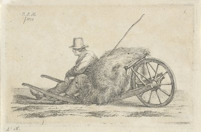 Uomo seduto vicino a una carriola con fieno da Anthonie Willem Hendrik Nolthenius de Man