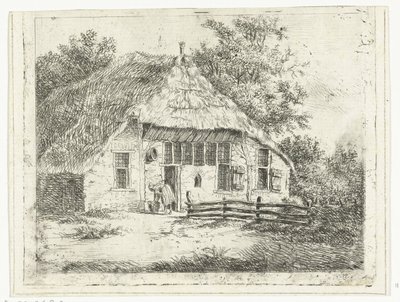 Donna china su un cesto davanti a una casa a Staphorst da Anthonie van den Bos
