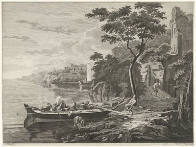 Figure presso una barca in un paesaggio montano da Anthonij van der Haer