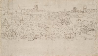 Panorama di Londra visto da Southwark: Billingsgate a Tower Wharf da Anthonis van den Wyngaerde