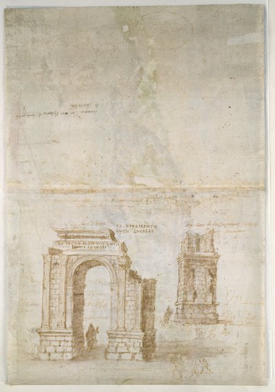 Recto: Vista panoramica di Tarragona dal sud (verso il mare) Verso: Schizzi di rovine romane a Tarragona e di una fortezza da Anthonis van den Wyngaerde