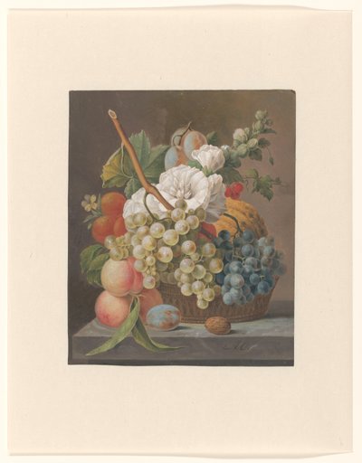 Natura morta con fiori e frutta in un cestino da Anthony Oberman