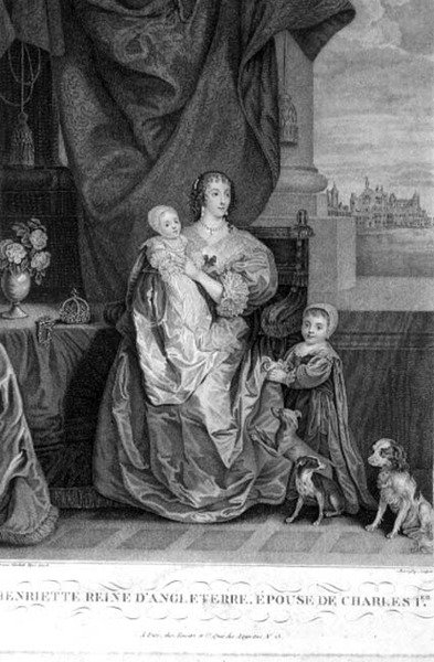 Regina Enrichetta Maria (1609-69) moglie di Carlo I con due dei loro figli, inciso da Henry Bonnefoy da Anthony van (after) Dyck