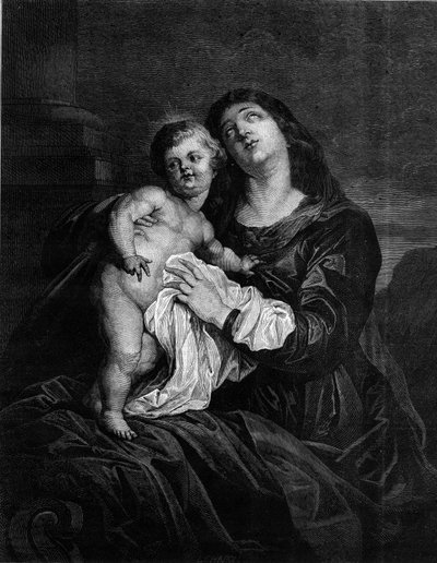 La Vergine e il Bambino Gesù. Incisione da un dipinto di Anton (Antoon o Anthony) van Dyck (1599-1641). Incisione in "Le Monde Illustré" n.1239 del 25 dicembre 1880 da Anthony van (after) Dyck