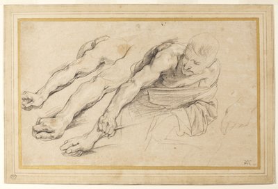 Figura di un uomo che si piega in avanti con il braccio destro teso; tre studi del braccio destro e uno della mano sinistra per la stessa figura (gesso su carta) da Anthony van Dyck