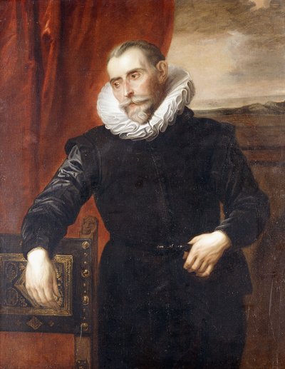 Ritratto di Frans Snyders, a mezzo busto, in abito nero, appoggiato a una sedia, un paesaggio sullo sfondo da Anthony van Dyck