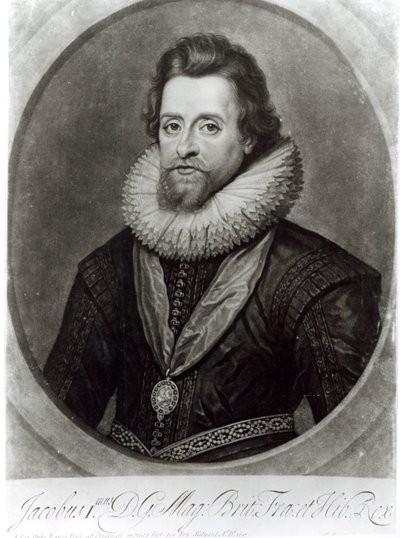 Ritratto di Giacomo I dopo un miniatura di Nicholas Hilliard del 1617, inciso da George Vertue da Anthony van Dyck