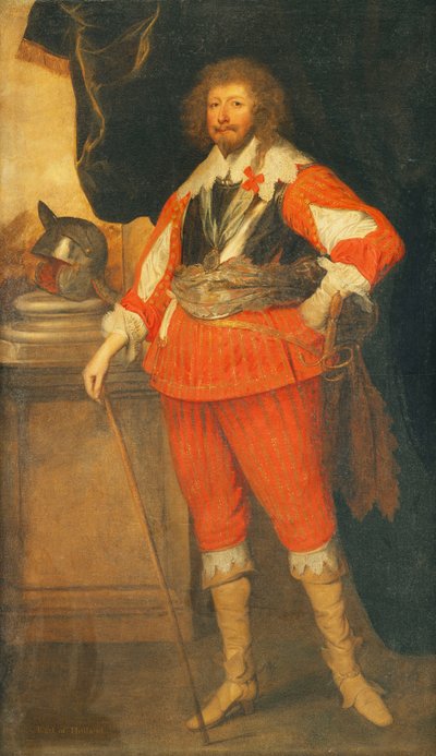 Ritratto di un Nobile, Presumibilmente Henry Rich, 1° Conte di Holland, a Figura Intera, Indossando una Corazza, Fascia e Spada, con la Mano su un Bastone, un Elmo su un Plinto, Davanti a un Colonnato Drappeggiato da Anthony van Dyck