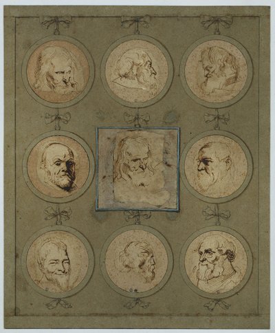 Foglio di raccolta con nove teste di studio in medaglioni da Anthony van Dyck