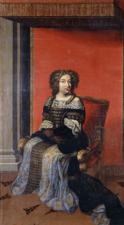 Ritratto della regina Maria Teresa, seduta a figura intera, in un corpetto nero tempestato di gioielli con colletto di pizzo e una gonna blu e oro, su un trono da Antoine (after) Dieu