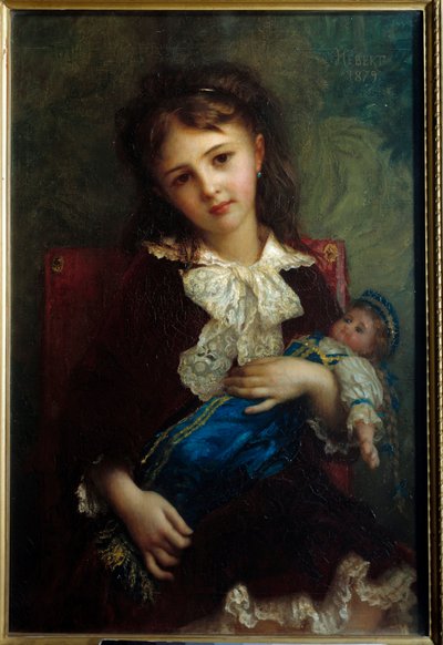 Ritratto di Catherine de Bouchage bambina con una bambola in braccio da Antoine Auguste Ernest Herbert or Hebert