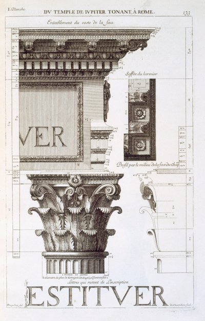 Entablature, capitello e iscrizione dal Tempio di Giove Tonante, da 