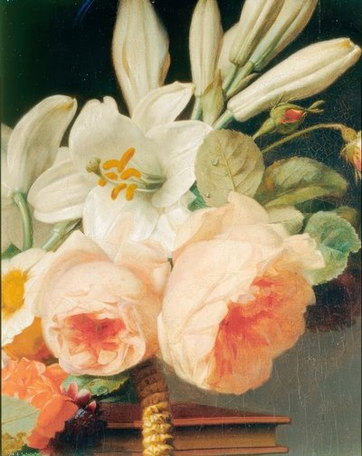 Mazzo di fiori di gigli e rose in un cesto su una chiffonniere (dettaglio) da Antoine Berjon