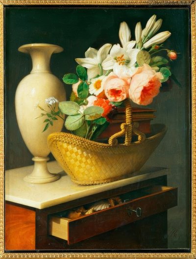 Bouquet di gigli e rose in un cesto su una chiffonniere da Antoine Berjon