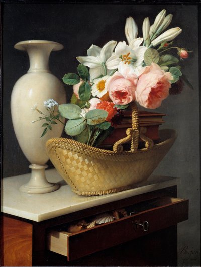 Bouquet di gigli e rose in un cesto posto su uno straccio da Antoine Berjon