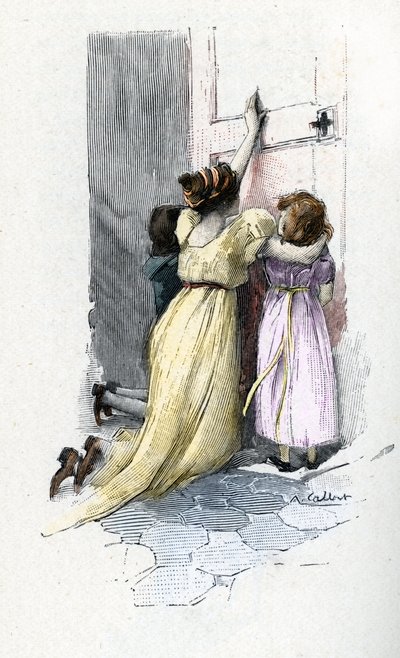 Giuseppina di Beauharnais piange con i suoi figli Ortensia ed Eugenio alla porta della stanza di Napoleone Bonaparte (1769-1821) che si rifiuta di aprirle dopo aver appreso delle sue avventure extraconiugali durante il suo soggiorno in Egitto da Antoine Calbet