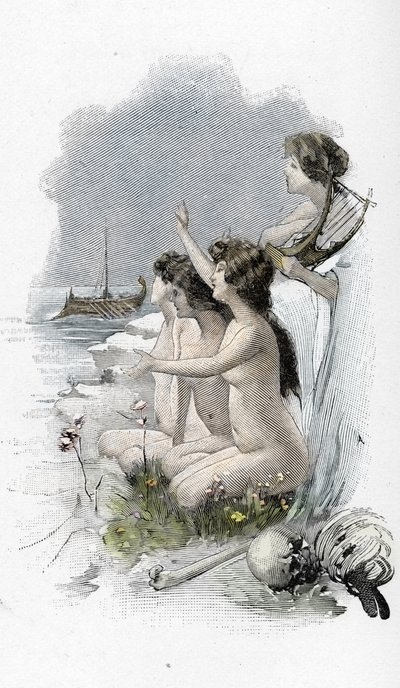Odissea di Omero: Canto XII: Odisseo e le sirene che cantavano una canzone incantevole che normalmente faceva dirigere i marinai verso le rocce, solo per colpirle e affondare, illustrazione di Antoine Calbet per L