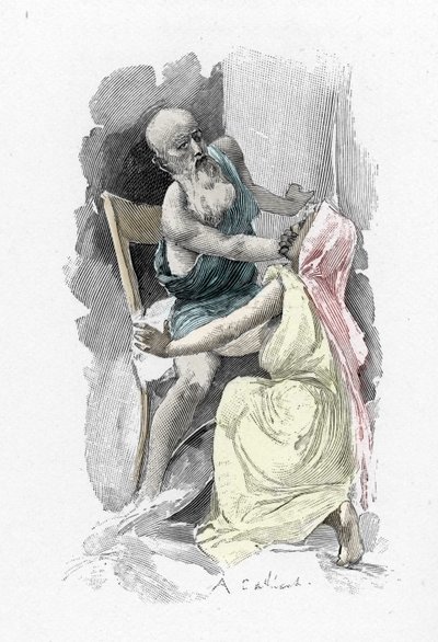 Odissea di Omero: Canto 19 "Ulisse travestito da mendicante obbliga la vecchia Euriclea che lo ha riconosciuto a tacere" Illustrazione di Antoine Calbet da Antoine Calbet