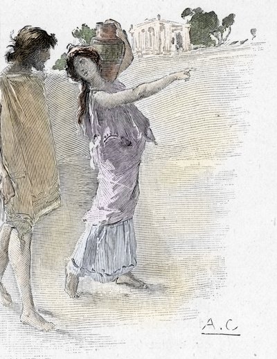 Odissea di Omero: Canto VII: Odisseo aiutato da Atena travestita da giovane ragazza arriva al palazzo di Alcinoo, illustrazione di Antoine Calbet per L