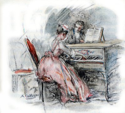 Werther che ammira Charlotte suonare il clavicembalo da Antoine Calbet