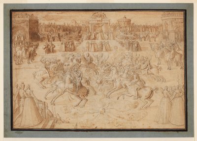 Un gioco equestre con cavalieri che giostrano tra fuochi d