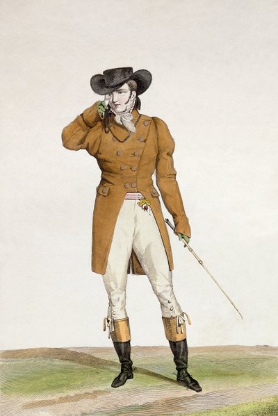 Un dandy vestito con un cappello a forma di barca, una giacca color camoscio e pantaloni di pelle di daino, tavola 1 dalla serie di stampe di moda 