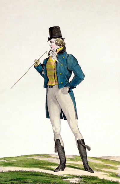 Un Dandy con cappello Robinson, riccioli infantili, pantaloni a maglia e stivali da equitazione, tavola 5 della serie Incroyable et merveilleuse di tavole di moda, inciso da Georges Jacques Gatine da Antoine Charles Horace Vernet