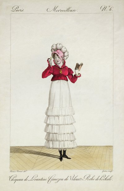 Una signora con cappello levantino, gonna a strati e giacca di velluto, tavola 6 dalla serie di moda 