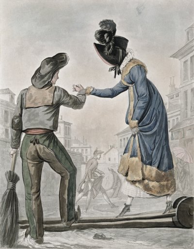 Una donna paga uno spazzino per attraversare una passerella su una strada sporca da Antoine Charles Horace Vernet