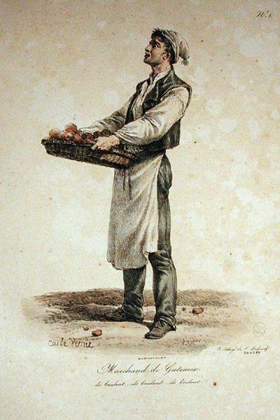 Il Venditore di Torte, numero 1 dalla serie Le Grida di Parigi, inciso da François Séraphin Delpech da Antoine Charles Horace Vernet