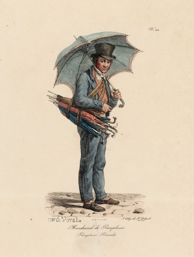 Il Venditore di Ombrelli e Parasoli, numero 23 dalla serie Le Grida di Parigi, inciso da François Séraphin Delpech da Antoine Charles Horace Vernet