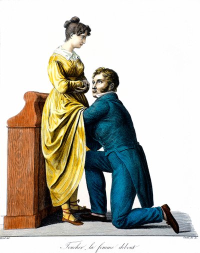 Toccare una donna in piedi: un paziente consulta un medico che la ausculta sotto il vestito. Incisione di Chazal (19° secolo). Parigi, Accademia di Medicina da Antoine Chazal