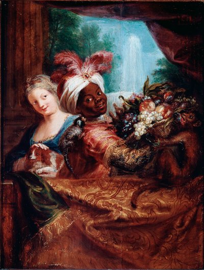 Giovane ragazza che accarezza un cane e servo nero che presenta un cesto di frutta Un piccolo scimmia è sulla sua spalla da Antoine Coypel