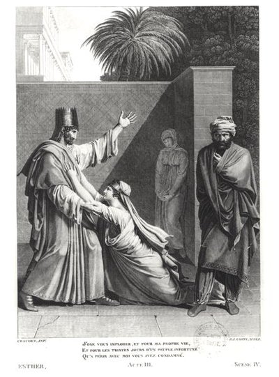 Ester Implora Assuero alla Presenza di Aman, illustrazione da Ester di Jean Racine (1639-99) incisa da J.J. Coiny (1761-1809) da Antoine Denis Chaudet