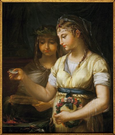 Due vestali che preparano un sacrificio. Dipinto di Antoine Francois (Antoine-Francois) Callet (1741-1823), olio su tela da Antoine François Callet