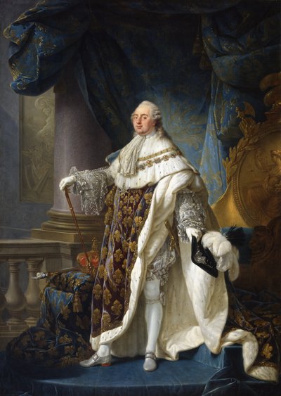 Francese: Louis XVI, roi de France et de Navarre, revêtu du grand costume royal en 1779 Louis XVI, re di Francia e Navarra, indossa il suo grande costume reale nel 1779 da Antoine François Callet