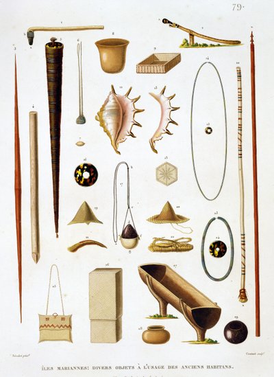 Utensili domestici e armi delle Isole Marianne, da Voyage autour du Monde (1817-20), di Louis Claude Desaulses de Freycinet, inciso da Jean Louis Denis Coutant da Antoine Germain Bevalet