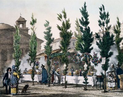 Friggitori di cibo al Pantheon durante la festa di San Giuseppe, incisione di Antoine Jean-Baptiste Thomas da Un an a Rome et dans ses environs, Francia da Antoine Jean Baptiste Thomas
