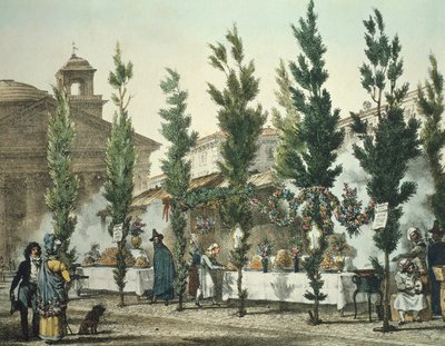 Italia, Roma, venditori di cibo di strada al Pantheon di Antoine Jean-Baptiste Thomas, stampa da Antoine Jean Baptiste Thomas