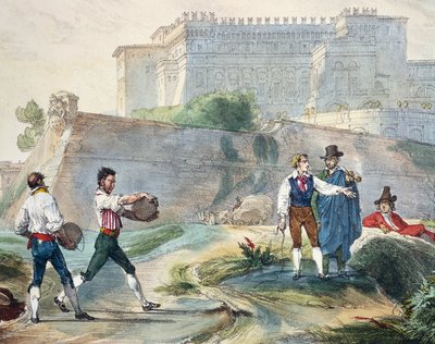 Giocando a ruzzica, litografia a colori da Un anno a Roma e dintorni da Antoine Jean Baptiste Thomas