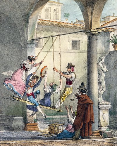 Altalena, incisione di Antoine Jean-Baptiste Thomas (1791-1834) da Un an a Rome et dans ses environs, Francia da Antoine Jean Baptiste Thomas