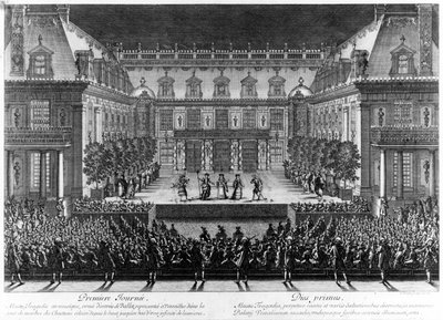 Rappresentazione, nel cortile di marmo del castello di Versailles, di "Alceste" di Jean Baptiste Lully (Giovanni Battista Lulli) (1632-1687) per le celebrazioni date in occasione della rinascita della Franca Contea (1674). Incisione di Le Pautre da Antoine Le Pautre