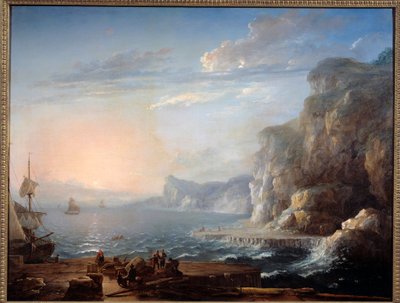 Tramonto. Un paesaggio di scogliere e rocce sul mare, con pescatori in primo piano da Antoine Lebel