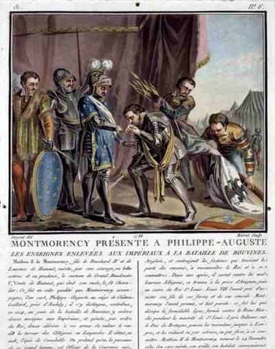 Montmorency presentato a Filippo Augusto dopo la Battaglia di Bouvines, inciso da Jean Baptiste Morret da Antoine Louis Francois (after) Sergent Marceau