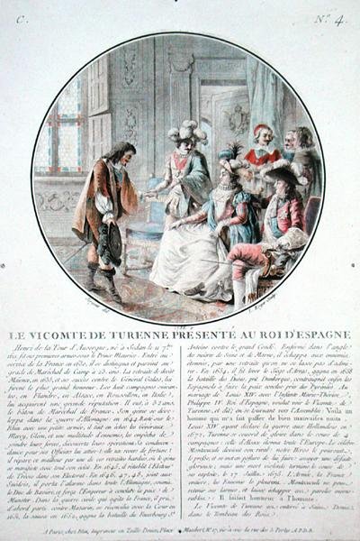 Il Visconte di Turenne (1611-75) è presentato al Re Filippo IV (1605-65) di Spagna, inciso da L. Roger da Antoine Louis Francois (after) Sergent Marceau