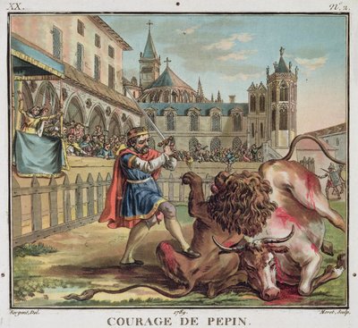 Il coraggio di Pepin (714-68), inciso da Jean Baptiste Morret (fl. 1790-1820) 1789 (incisione colorata) da Antoine Louis Francois (after) Sergent Marceau