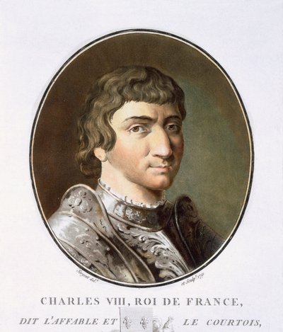 Carlo VIII, da Portraits des grands hommes, femmes illustres, et sujets mémorables de France, inciso e stampato a colori, pubblicato da Pierre Blin, 1786-92, Parigi da Antoine Louis Francois Sergent Marceau