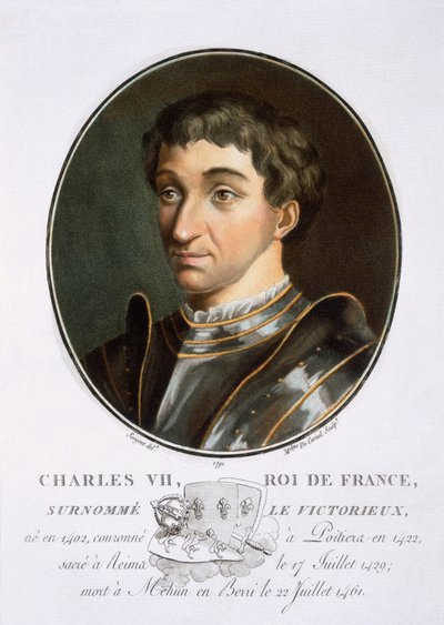 Carlo VII, da Portraits des grands hommes, femmes illustres, et sujets mémorables de France, inciso e stampato a colori, pubblicato da Pierre Blin, 1786-92, Parigi da Antoine Louis Francois Sergent Marceau