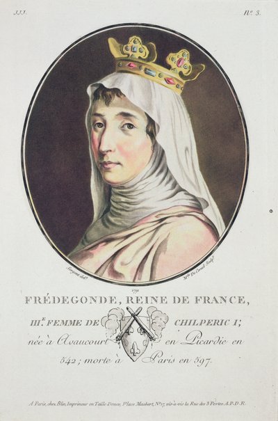 Fredegonda, regina dei Franchi, da Portraits des Grands Hommes, femmes illustres, et sujets memorables de France, grave et imprimes en couleurs, pubblicato da Pierre Blin, 1786-92, Parigi da Antoine Louis Francois Sergent Marceau