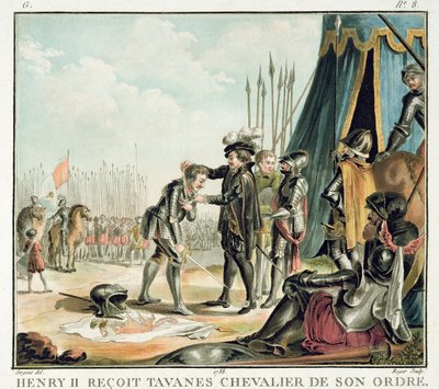 Enrico II (1519-59) riceve Jean de Tavanes come cavaliere nel suo ordine, inciso da Roger, 1788 da Antoine Louis Francois Sergent Marceau